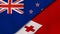 The flags of New Zealand and Tonga. News, reportage, business background. 3d illustration