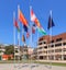 Flags on Place Rapp square in Colmar, France