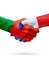 Flags Portugal, France countries, partnership friendship handshake concept.