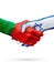 Flags Portugal, Israel countries, partnership friendship handshake concept.