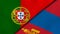 The flags of Portugal and Mongolia. News, reportage, business background. 3d illustration