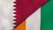 The flags of Qatar and Ivory Coast. News, reportage, business background. 3d illustration