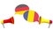 Flags of Romania and Germany on speech balloons from megaphones. Intercultural dialogue or international talks related