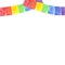 Flags on a rope, watercolor garland border, rainbow colors. Template for greeting card