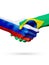 Flags Russia, Brazil countries, partnership friendship handshake concept.