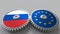 Flags of Russia and the European Union on meshing gears. International cooperation conceptual animation