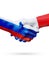 Flags Russia, France countries, partnership friendship handshake concept.