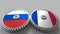 Flags of Russia and France on meshing gears. International cooperation conceptual animation