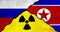 Flags of Russia, North Korea and Nuclear symbol together on textured wall