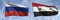 Flags of Russia and Syria on flagpoles. 3d rendering