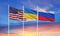 Flags of Russia, Ukraine and America The concept of tense relations between Russia and Ukraine.