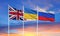 Flags of Russia, Ukraine and Britain The concept of tense relations between Russia and Ukraine.