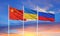 Flags of Russia, Ukraine and China The concept of tense relations between Russia and Ukraine.