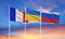 Flags of Russia, Ukraine and France The concept of tense relations between Russia and Ukraine.