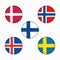 Flags of Scandinavia in circle shape, scandinavian northern states, nordic countries banners icons.