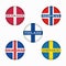 Flags of Scandinavia in circle shape, scandinavian northern states, nordic countries banners icons.