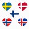 Flags of Scandinavia in heart shape, scandinavian northern states, nordic countries banners icons.