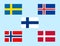 Flags of Scandinavia, scandinavian northern states, nordic countries banners icons.