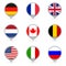 Flags set in shape of map pointers or markers.  Flags of the different countries of the world: USA, UK, Holland, Germany, Italy, C