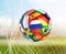 Flags soccer ball in soccer net. socer goal 3d rendering