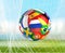 Flags soccer ball in soccer net. socer goal 3d rendering