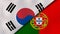 The flags of South Korea and Portugal. News, reportage, business background. 3d illustration