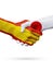 Flags Spain, Japan countries, partnership friendship handshake concept.