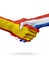 Flags Spain, Netherlands countries, partnership friendship handshake concept.