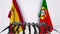 Flags of Spain and Portugal at international meeting or negotiations press conference