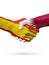 Flags Spain, Qatar countries, partnership friendship handshake concept.