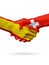Flags Spain, Switzerland countries, partnership friendship handshake concept.