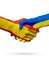 Flags Spain, Ukraine countries, partnership friendship handshake concept.