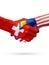 Flags Switzerland, Malaysia countries, partnership friendship handshake concept.