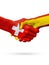 Flags Switzerland, Spain countries, partnership friendship handshake concept.