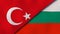 The flags of Turkey and Bulgaria. News, reportage, business background. 3d illustration