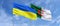 Flags of Ukraine and Algeria on flagpoles in center. Flags on sky background. Place for text. Ukrainian. Algerian, Africa. 3d