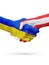 Flags Ukraine, Austria countries, partnership friendship handshake concept.