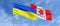 Flags of Ukraine and Canada on flagpoles in center. Flags on sky background. Place for text. Ukrainian. Canadian. 3d illustration