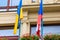 Flags of Ukraine and the Czech Republic on historic building in Prague. European support for Ukrainian refugees