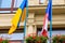 Flags of Ukraine and the Czech Republic on historic building in Prague. European support for Ukrainian refugees