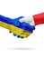 Flags Ukraine, France countries, partnership friendship handshake concept.