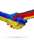 Flags Ukraine, Germany countries, partnership friendship handshake concept.