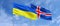 Flags of Ukraine and Iceland on flagpoles in center. Flags on sky background. Place for text. Ukrainian. Icelandic. 3d