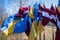 Flags of Ukraine and Latvia. Protest against war and global military conflict, invasion in Riga, Europe