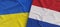 Flags of Ukraine and Netherlands. Linen flags close up. Flag made of canvas. Ukrainian. Holland, Amsterdam. National symbols. 3d