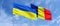 Flags of Ukraine and Romania on flagpoles in center. Flags on sky background. Place for text. Ukrainian. Bucharest. 3d