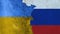 Flags of Ukraine and Russia on cracked cement of old damaged wall texture