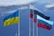 Flags of Ukraine, Russia, Donetsk People's Republic and Lugansk People's Republic. The Donetsk and Lugansk