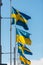 Flags of Ukraine and Sweden flying side by side during a war protest at Gustaf Adolfs square..