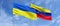 Flags of Ukraine and Venezuela on flagpoles in center. Flags on sky background. Place for text. Ukrainian. Caracas. 3d